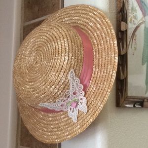 Girl’s Straw Hat Pink Ribbon Rose Butterfly Lace